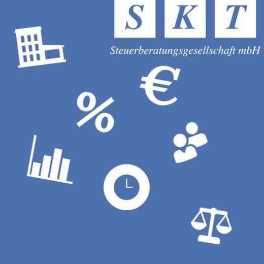 SKT Steuerberatungsgesellschaft. Einfache Grafik auf blauem Hintergrund